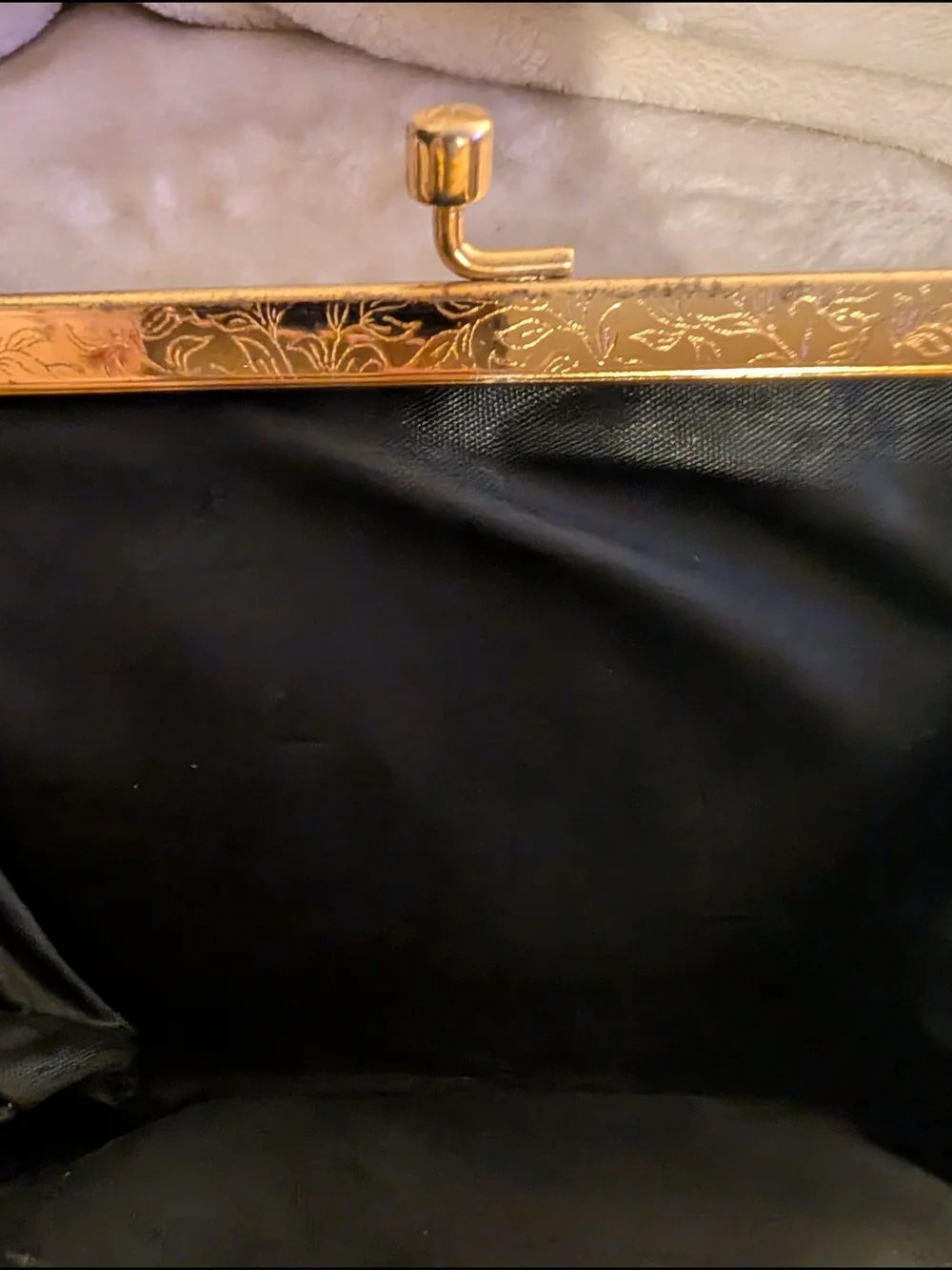 Vintage Black Floral-Accent Evening Clutch with Gold Chain 1950s